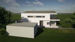 Südwest-Ansicht eines Einfamilienhauses in Geisleden (Eichsfeld, Thüringen) — moderne Architektur und Planung von PLANWERK M 