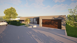 Sued-Ansicht eines Bungalow-Neubaus in Niederorschel (Eichsfeld, Thüringen) — moderne Architektur und Planung von PLANWERK M 