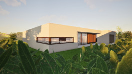 Suedwest-Ansicht eines Bungalow-Neubaus in Niederorschel (Eichsfeld, Thüringen) — moderne Architektur und Planung von PLANWERK M 