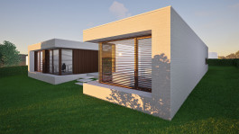 Nordwest-Ansicht eines Bungalow-Neubaus in Niederorschel (Eichsfeld, Thüringen) — moderne Architektur und Planung von PLANWERK M 