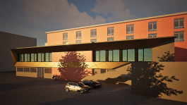 Suedost-Ansicht der Sanierung eines Anbaus der Universitaet Kassel (Hessen) — moderne Architektur und Planung von PLANWERK M 